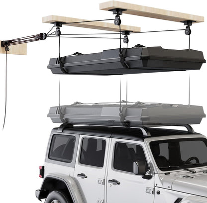Pacikwest Garage Ceiling Storage Lift System Roof Top Tent Hoist, Heavy Duty Overhead Pulley System for Garage Storage Rack, 4-Point Lift 250lb Capacity, Adjustable Straps Fits 8-16ft Ceiling
