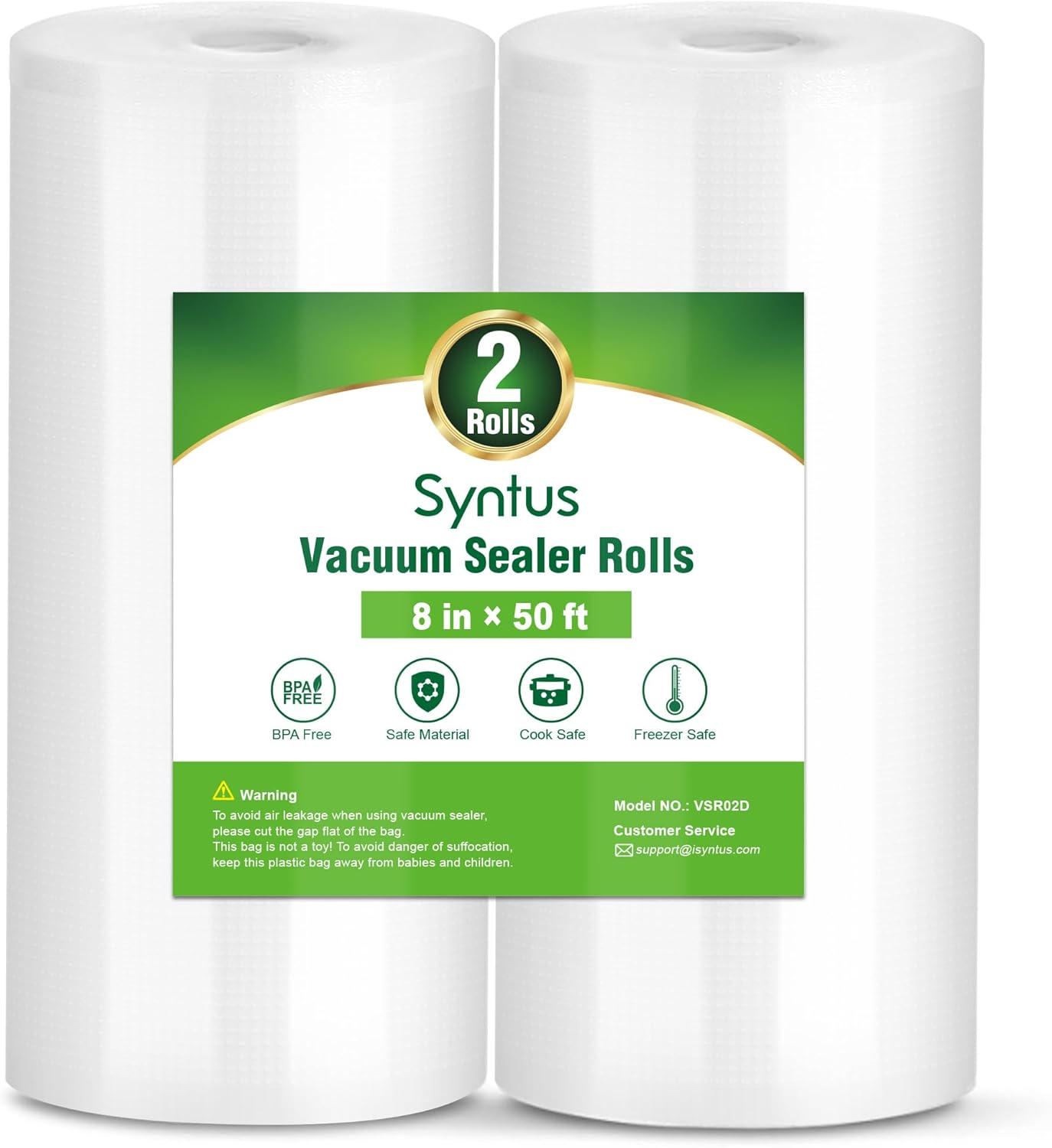 Syntus Vacuum Sealer Bags - 2 Rolls of 8" x 50' BPA-Free Commercial Grade Food Storage Bags
