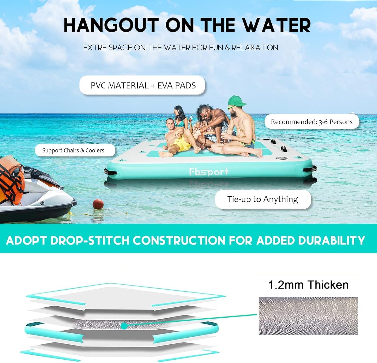 FBSPORT Inflatable Floating Dock Lake Floats for Adults, Floating Docks Platform Island Raft, Non-Slip Inflatable Water Dock Mat for Pool Beach Ocean, 6x5ft Green Lighting