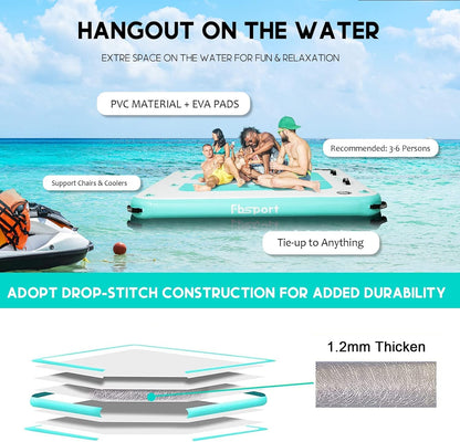 FBSPORT Inflatable Floating Dock Lake Floats for Adults, Floating Docks Platform Island Raft, Non-Slip Inflatable Water Dock Mat for Pool Beach Ocean, 6x5ft Green Lighting
