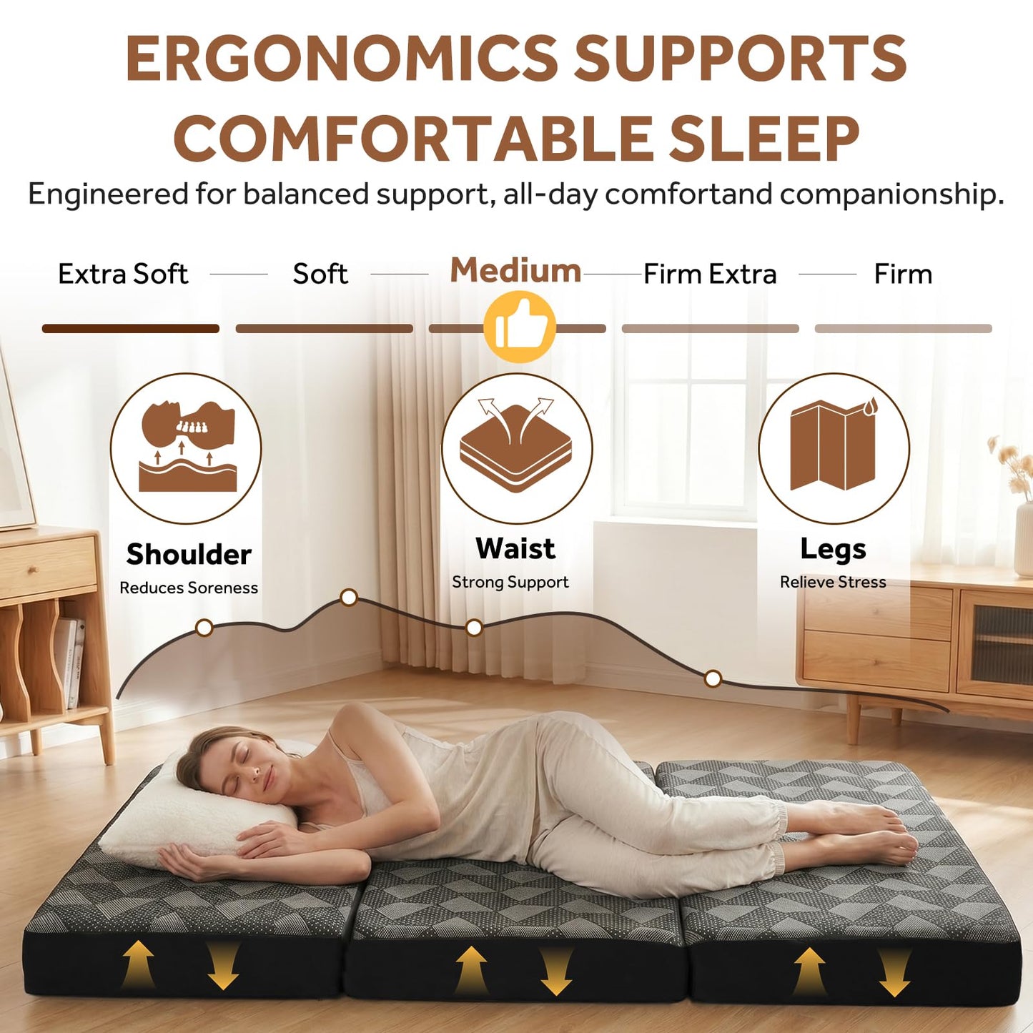 Tri Folding Mattress Twin Size - Memory Foam Tri-fold Mattress, Handle & Non-Slip Bottom, Portable Foldable Sofa Bed Floor Chair for Travel RV Camping Guest Yoga - 4 Inch, 75" 38"x4"