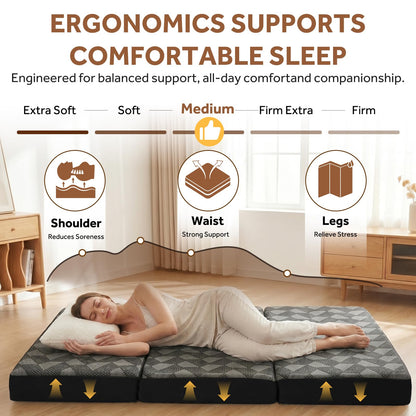 Tri Folding Mattress Twin Size - Memory Foam Tri-fold Mattress, Handle & Non-Slip Bottom, Portable Foldable Sofa Bed Floor Chair for Travel RV Camping Guest Yoga - 4 Inch, 75" 38"x4"