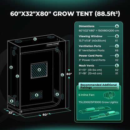 MARS HYDRO 5x2.6 Advanced Grow Tent, 60"x32"x80" High Reflective Mylar 1680D for Hydroponics Indoor Plant Growing, with Observation Window,Floor Tray and Smooth Zipper for TSL2000/SP3000