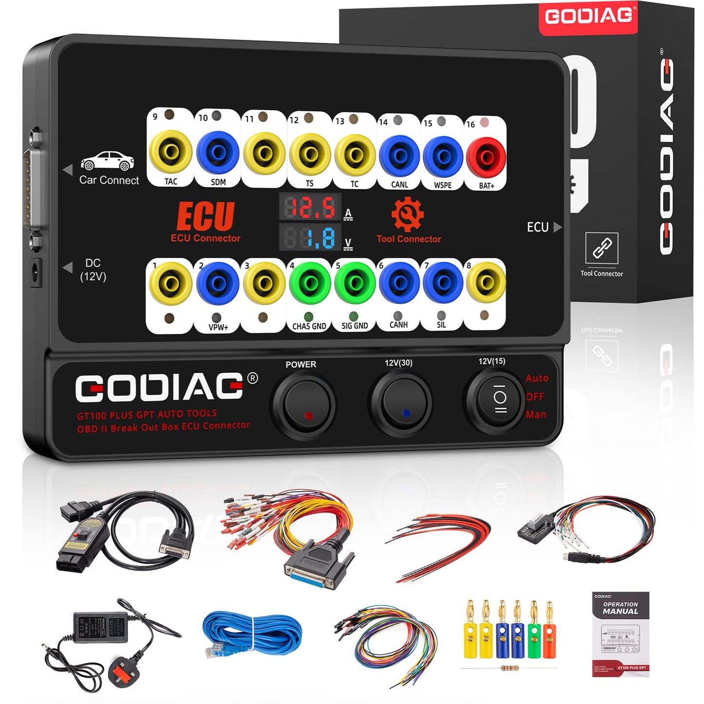 GODIAG GT100 Plus OBD2 Breakout Box, CAN Protocol Detector for ECU Bench Testing Platform, GPT/DOIP/ENET & Car Diagnostics