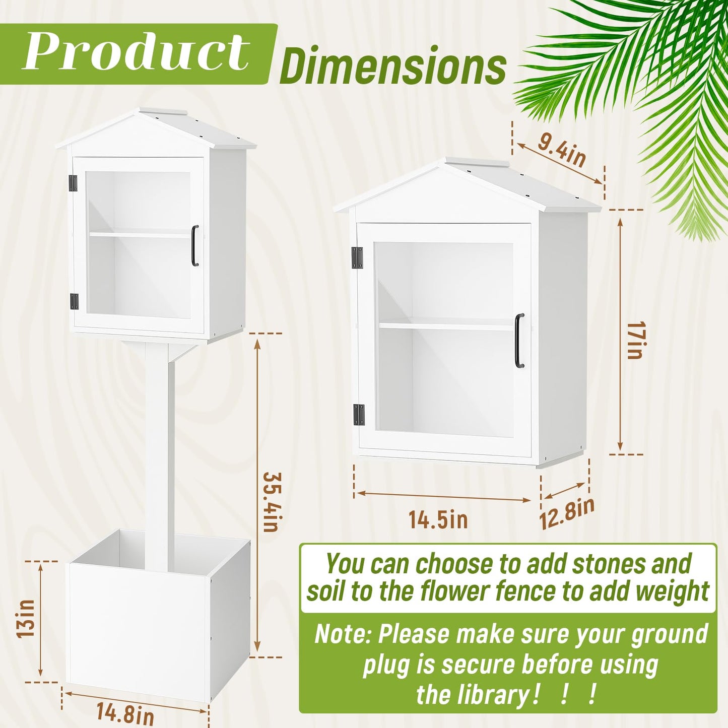 Wonderjune Little Library Box Outdoor with Floor Plugs & Flower Fence, Durable Weatherproof Solid Wood Book Exchange Box for Community, Literature, School Sharing Book(White,Steepletop)
