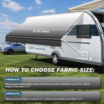 GEARMEISTER 16FT RV Awning Fabric Replacement, Heavy Duty 4-PLY Vinyl Fabric Camper Awning, Universal Outdoor Canopy for Camper, Trailer, Motorhome Awnings for All Awning Brands - Black Fade 15'2"