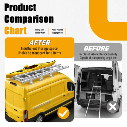 SINASUYE Universal Roof Ladder Rack Adjustable Length 48”-67” for Cargo Van with Rain Gutters Fit for 1996-up Chevy Express 1500 2500 3500 Ford Econoline GMC Savana 800 Lbs Load Capacity
