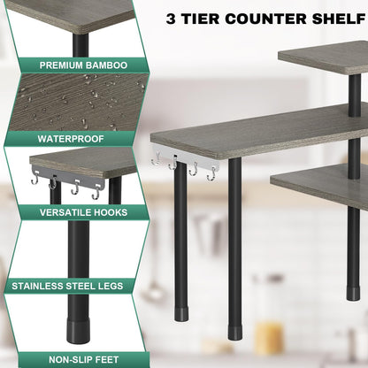 ZHWS Kitchen Countertop Organizer Spice Rack for Salt, Bathroom Counter Organizer Over Sink for Makeup, Skincare, Adjustable 3-Tier Corner Counter Shelf with 4 Hooks for Coffee Bar Dresser Table