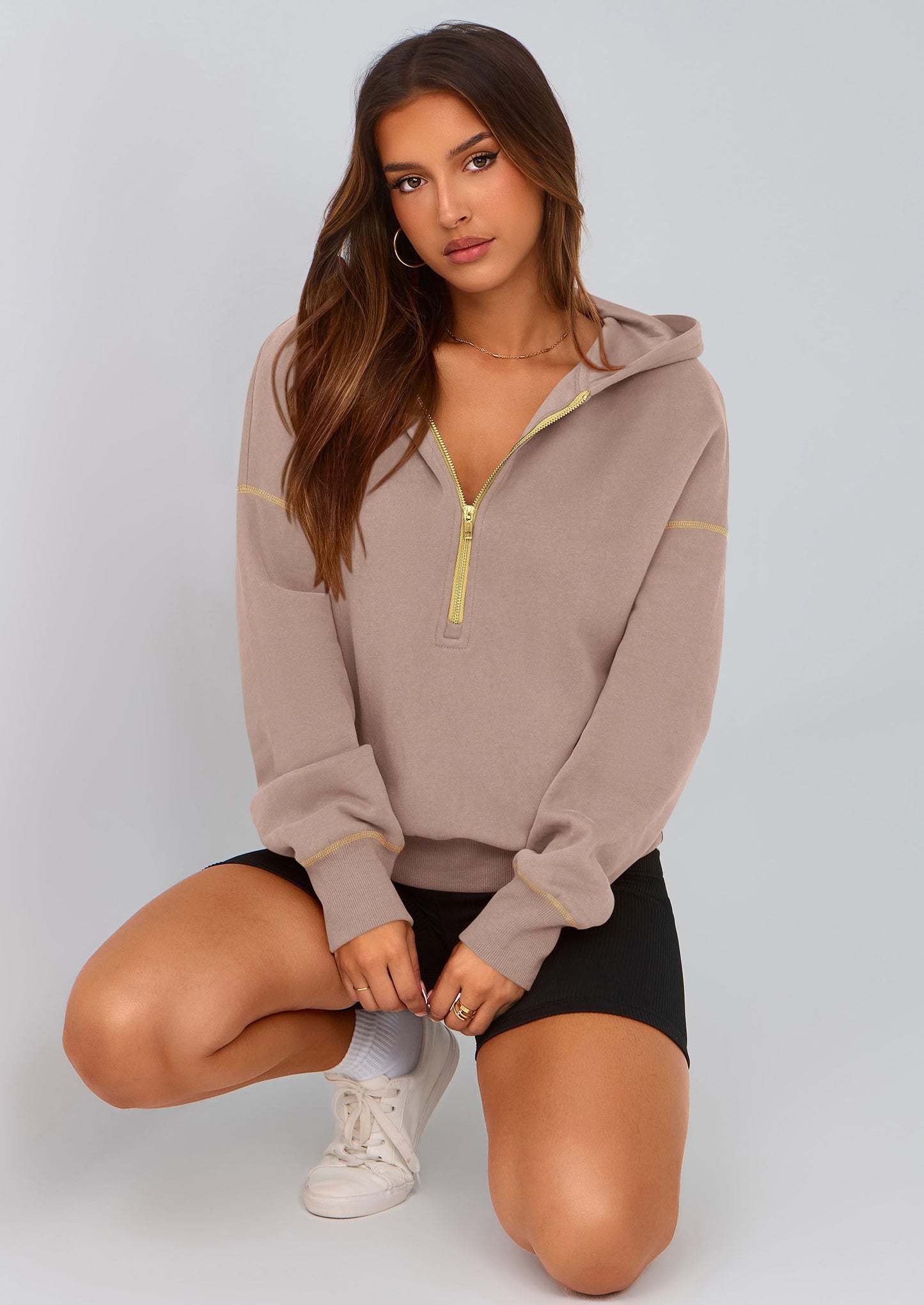 PRETTYGARDEN Women's 2025 Fall Hooded Sweatshirts Long Sleeve Half Zip Cropped Hoodies Pullover Winter Fashion Clothes (Khaki,Medium)