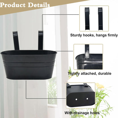 XXFBJNMD 5 Pack 10.6 Inch Metal Hanging Flower Pot Oval Metal Railing Planter Balcony with Detachable Hook Indoor Outdoor Decor for Railing Fence Balcony Garden （Black）