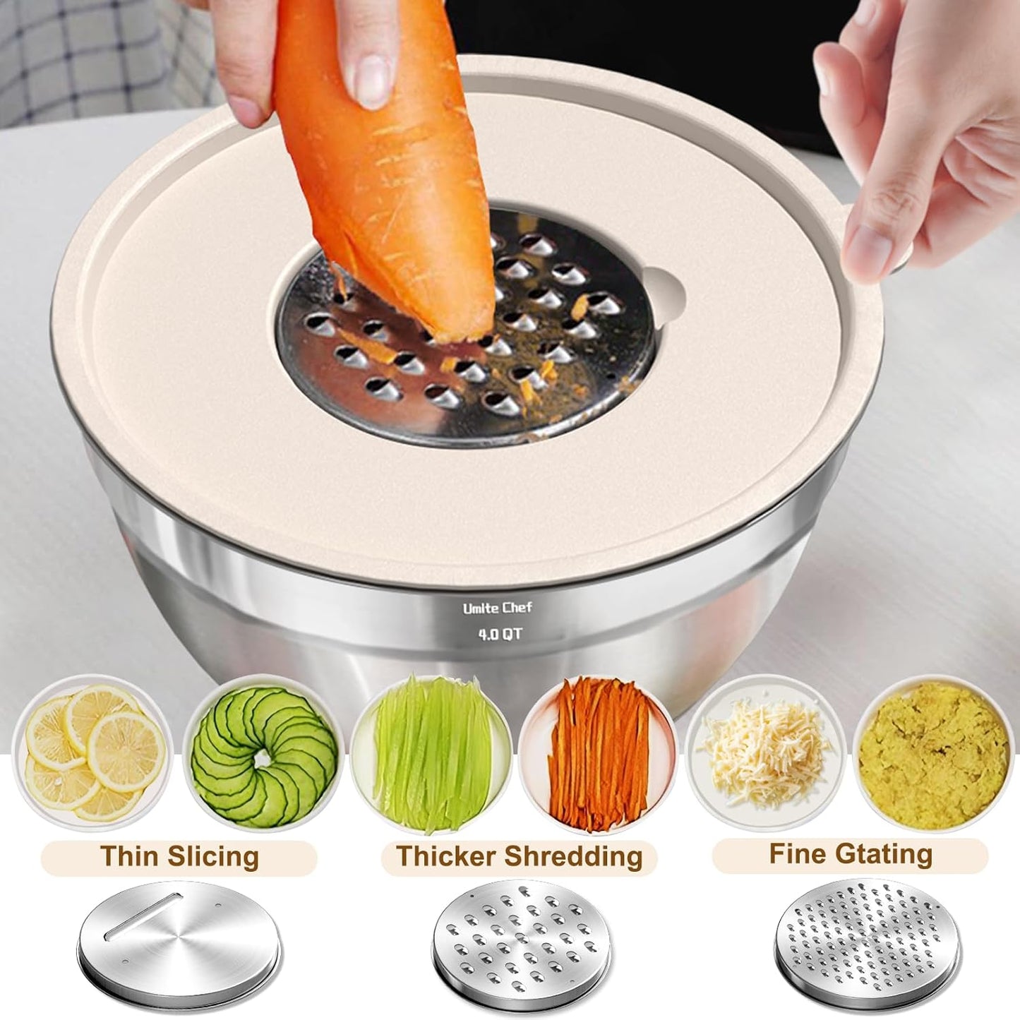 Umite Chef Mixing Bowls Set - 8PCS Stainless Steel Nesting Bowls with Airtight Lids & Grater | Khaki, Non-Slip Bottoms, 1.5QT to 5QT
