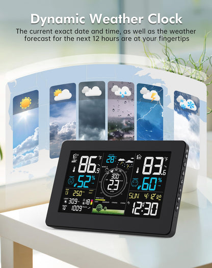 WiFi Weather Station Wireless Indoor Outdoor, Thermometer with Rain Gauge and Wind Speed/Direction, Large Display for Weather Forecast, Temperature, Humidity, Clock, Alarm, UV, Air Pressure, Black