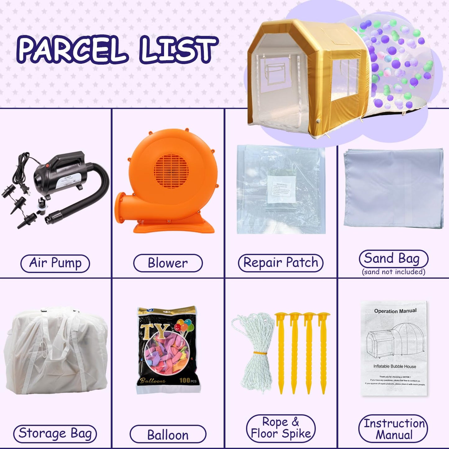 10ft Inflatable Bubble House Dome with Tunnel for Kids, Clear TPU Balloon Tent for Parties, Includes 450W Air Blower & 600W Air Pump
