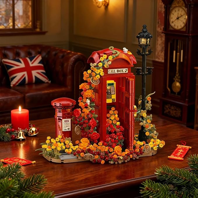 London Retro Red Telephone Booth Architecture Set with LED Lighting Creative Flores Phone Box for The Office and Home Set Adult Collector Decor 1142pcs