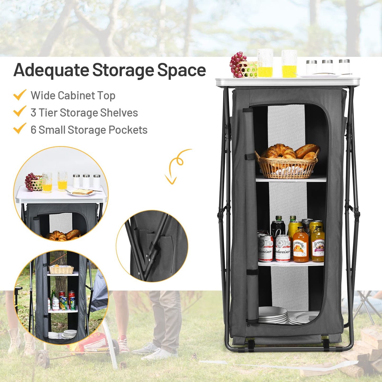 Giantex Folding Camping Storage Cabinet with 3 Shelves and Carry Bag, Portable Outdoor Organizer Kitchen Table, Quick Set-up for BBQ, Picnic, Backyard, Compact Pop-Up Cupboard, 47''H