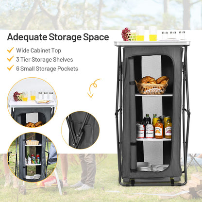 Giantex Folding Camping Storage Cabinet with 3 Shelves and Carry Bag, Portable Outdoor Organizer Kitchen Table, Quick Set-up for BBQ, Picnic, Backyard, Compact Pop-Up Cupboard, 47''H