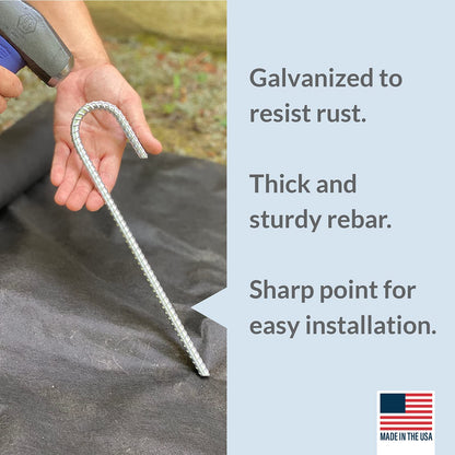 Pinnacle Mercantile 100 Pack Anti Rust Rebar Stakes J Hook Heavy Duty Galvanized Steel Ground Anchors 12 inch Long 3/8 inch Round Chisel Point End Made USA