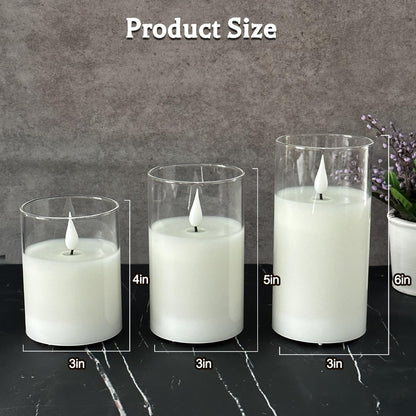 LEDHOLYT Rechargeable Flameless Glass Pillar Candles–Gifts for Women,–Set of 3, Realistic Flickering LED Light,Remote & Timer, Ideal for Living Room, Bedroom & Festival Wedding Home Party Decor