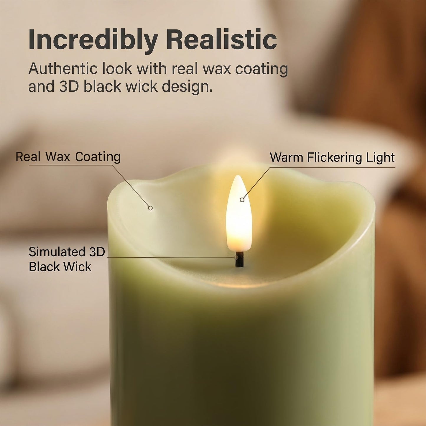 Eywamage Sage Green Flameless Pillar Candles with Remote, Flickering LED Wax Candles Battery Operated Spring Home Decor Set of 3