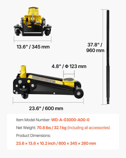 VEVOR 3 Ton Low Profile Floor Jack for All Terrain Vehicles, Heavy-Duty Steel Racing Jack with Quick Lift Pump, 5.12"-20" Lifting Range, 3.0 tons
