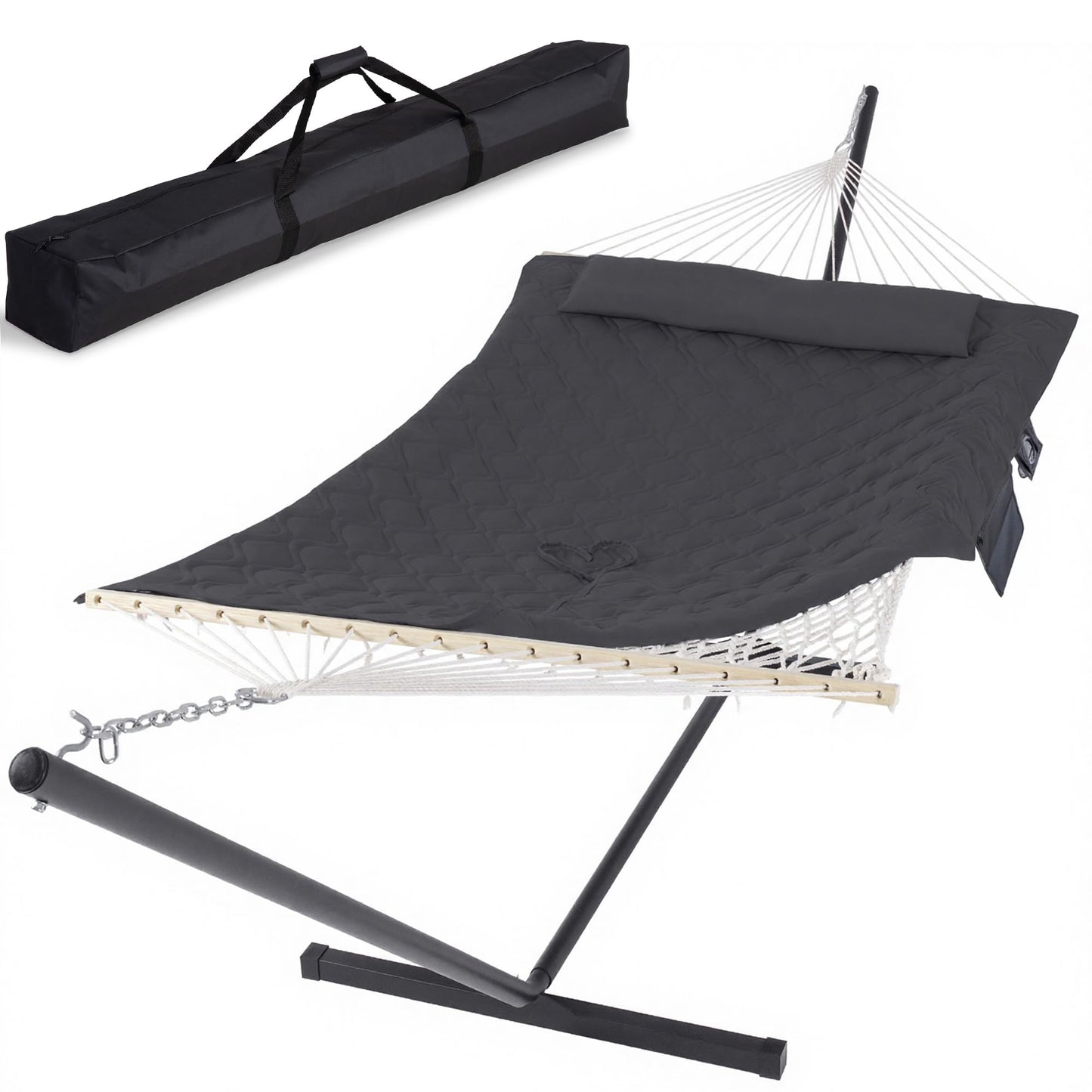 SUNCREAT Hammocks for Outside with Stand, Extra Large 2 Person Hammock with Stand, Carrying Bag, Dark Gray Drops
