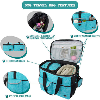 PetAmi Travel Bag Organizer - Dog & Cat Diaper Bag with Food Container and Bowls, Perfect for Weekend Camping (Sea Blue, Large)