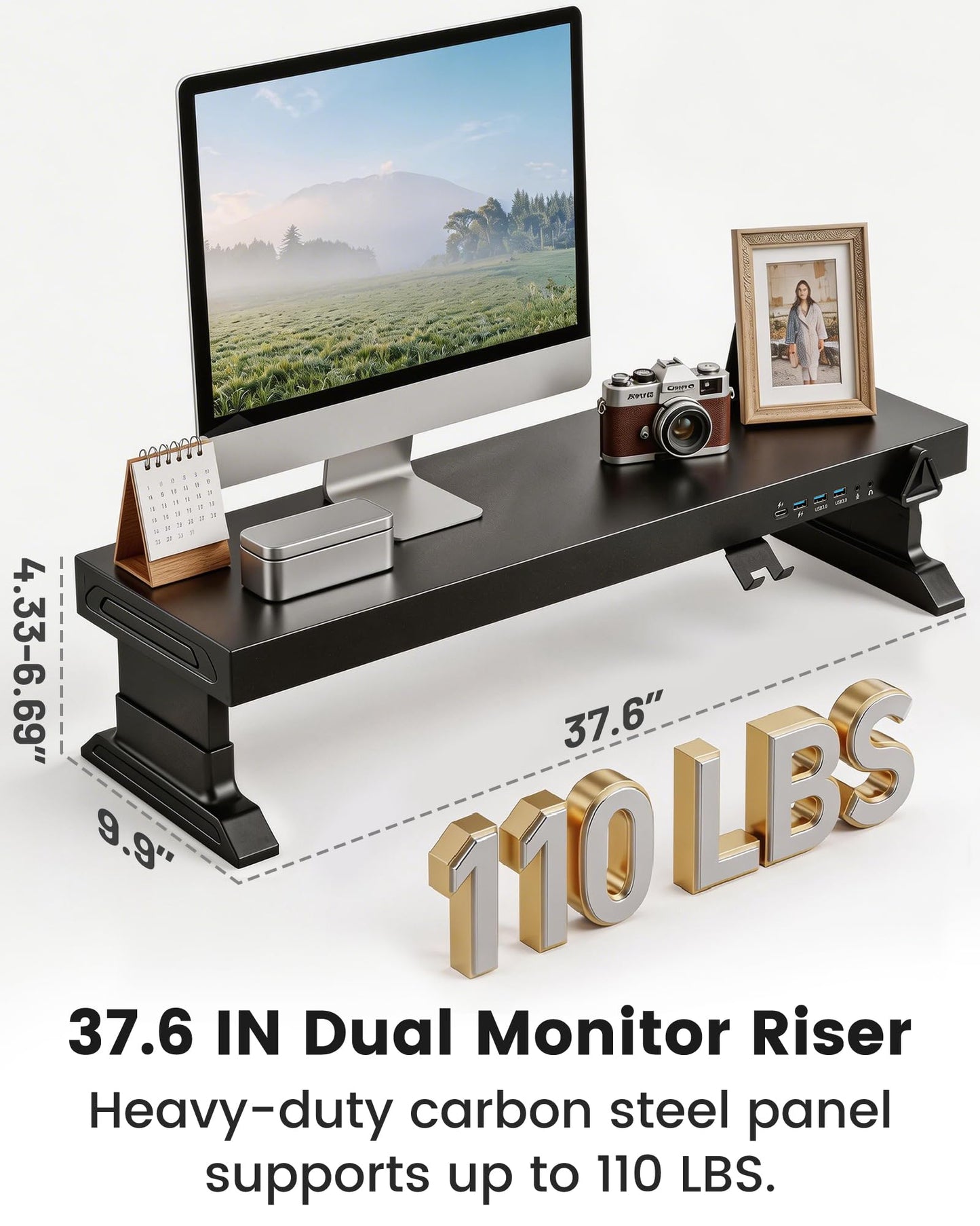 Furnny Height Adjustable Monitor Riser with 6-Port Hub – 37.6" Extra Wide Desk Stand for Dual Monitors, Continuous Height Adjustment 4.33–6.69" via Knob, USB-C Fast Charging, Carbon Steel Black