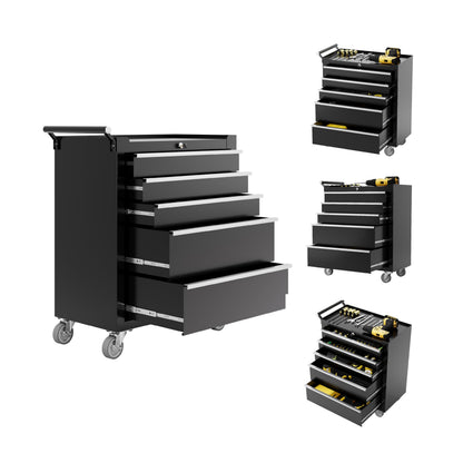 Rolling Tool Chest with Wheels, 5 Drawer Tool Storage Cabinet, Portable Toolbox Organizer with Lock, Heavy Duty Tool Chest Cart for Garage, Mechanic, Workshop, Shop, Mobile Tool Organizer, Black