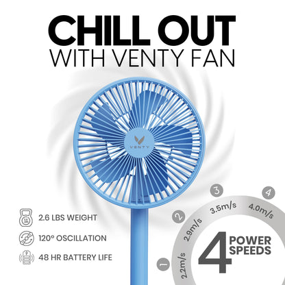 VENTY Portable Fan - Wireless Battery Operated Fan - 4 Speeds - LED Lighting - Carry Case & Remote Control - Cruise Travel - Outdoor Travel RV Power Bank With USB-C Port (Blue with Case)