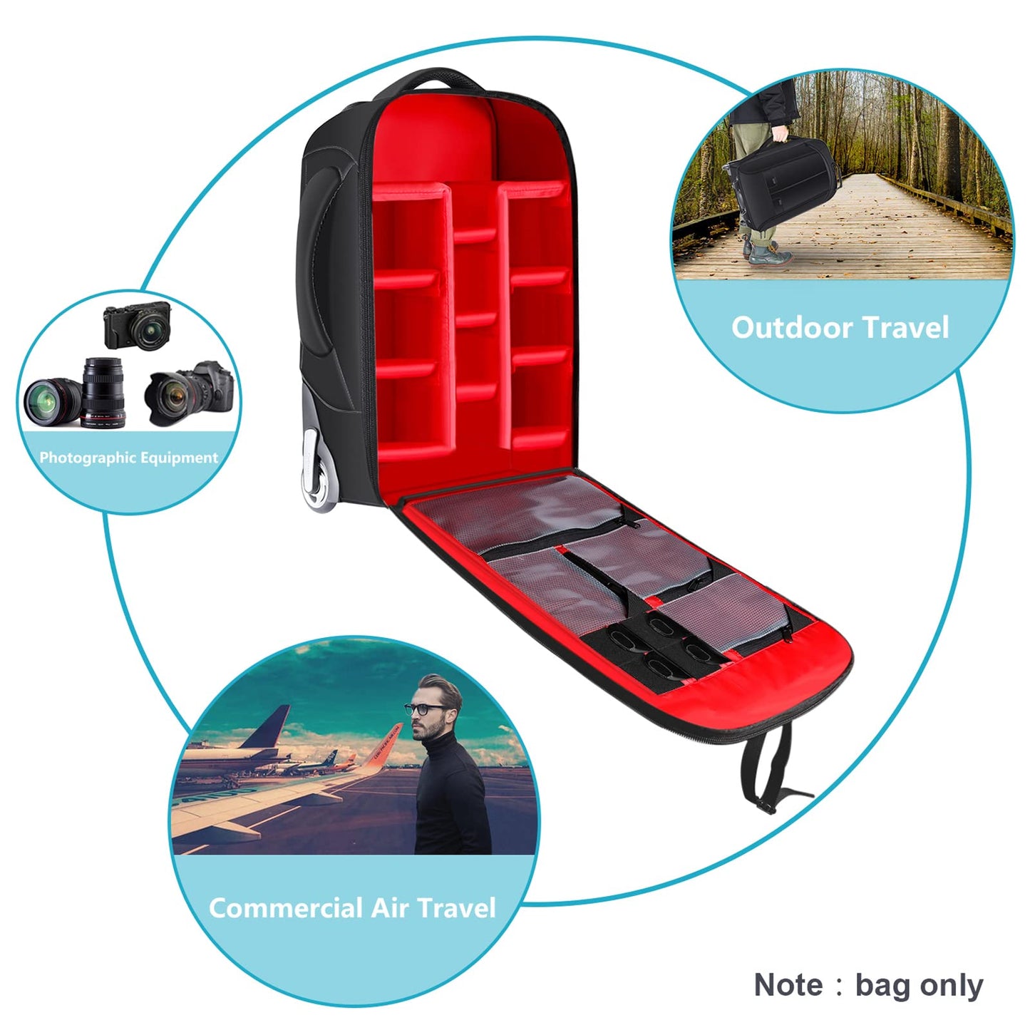 Neewer 2-in-1 Rolling Camera Bag Backpack Suitcase Style Convertible with Double Handle, Shockproof Trolley Case with Removable Padded for SLR/DSLR Cameras Tripod Lenses (Black/Red)