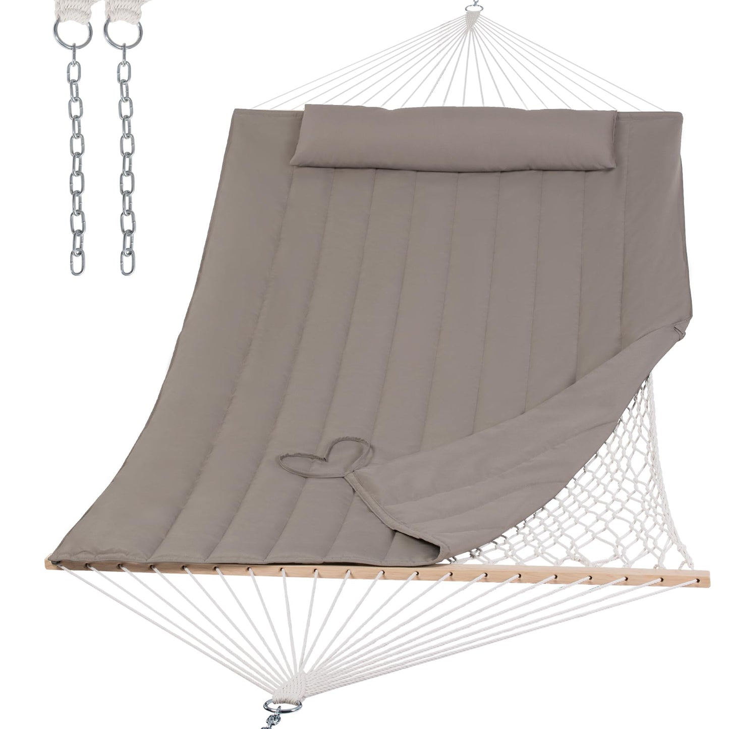 SUNCREAT Hammocks 2 Person Hammock with Hardwood Spreader Bar, Double Rope Hammock with Polyester Pad, Brown