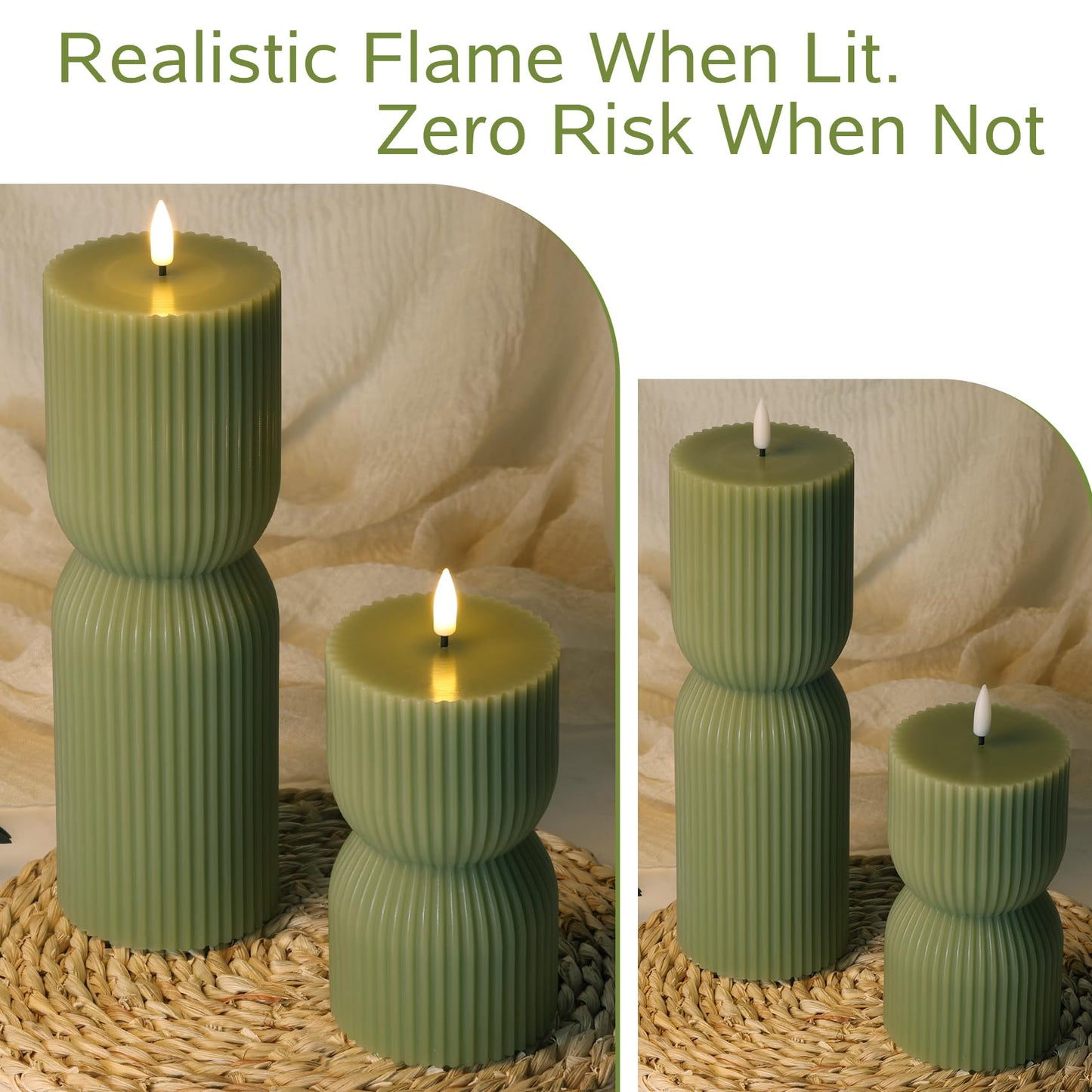 Girimax Olive Green Ribbed Flameless Pillar Candles with Remote, LED Candles Battery Operated Flickering Real Wax Set of 2