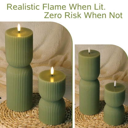 Girimax Olive Green Ribbed Flameless Pillar Candles with Remote, LED Candles Battery Operated Flickering Real Wax Set of 2