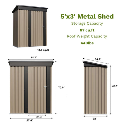 Patiowell 5x3 FT Outdoor Storage Shed, Tool Shed with Sloping Roof and Lockable Door, Metal Shed for Backyard Garden Patio Lawn, Brown