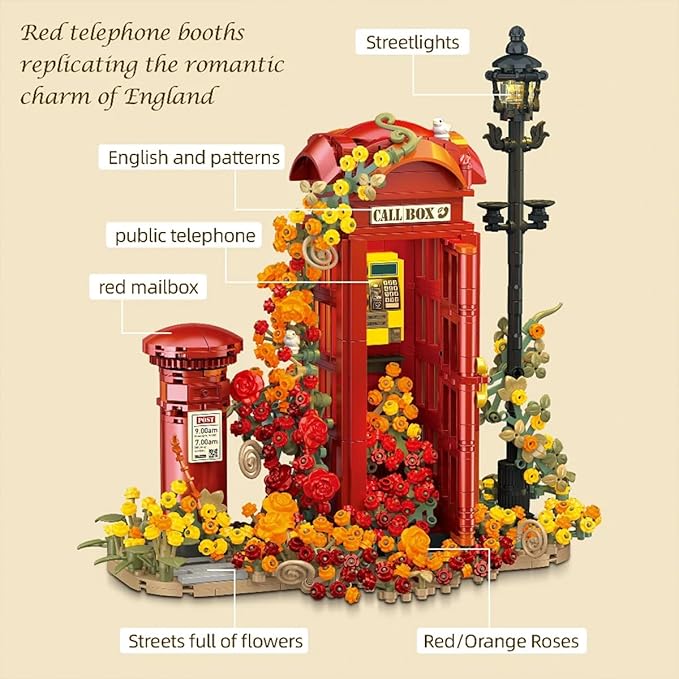 London Retro Red Telephone Booth Architecture Set with LED Lighting Creative Flores Phone Box for The Office and Home Set Adult Collector Decor 1142pcs