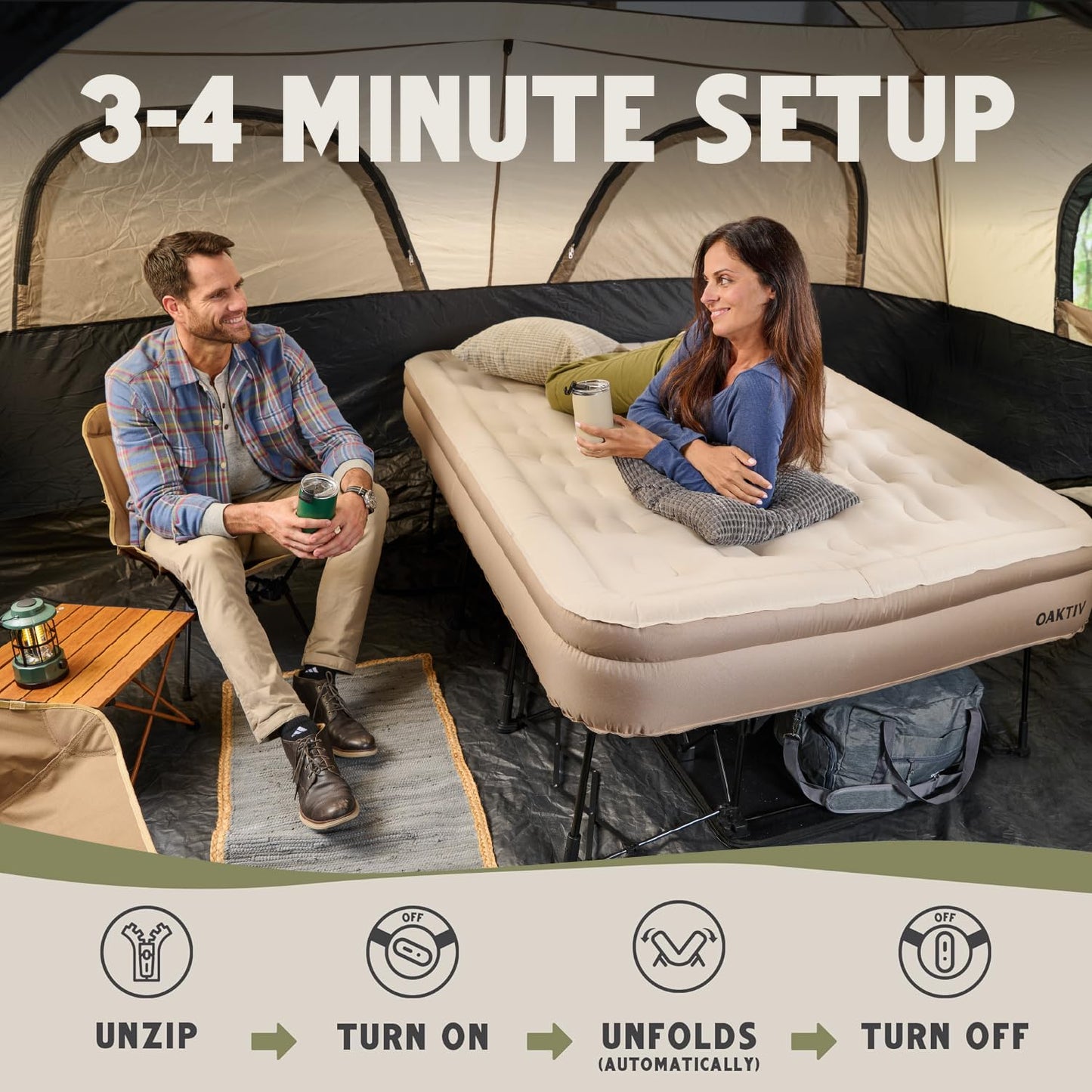 Oaktiv Twin Air Mattress with Frame, Self Inflating/Deflating Bed for Adults - PeakRest Blow Up Bed, Camping Cot with Mattress - Portable with Travel Rolling Case on Wheels