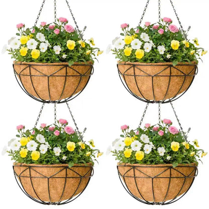ZVOWOS 4 Pack 14 Inch Black Metal Hanging Planter Baskets with Coco Coir Liner Sturdy Hanging Flower Basket for Outdoor Indoor Garden Porch Patio Balcony Decor (Geometric)
