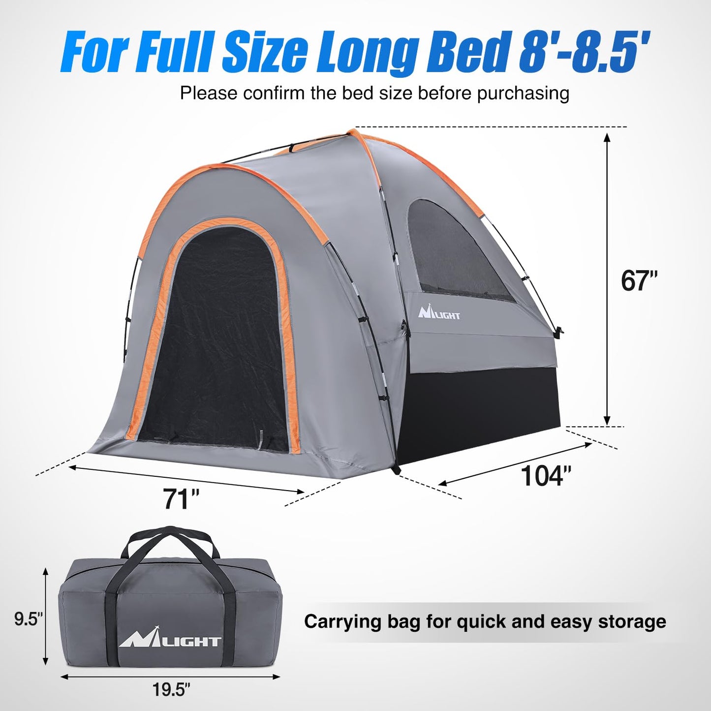 Nilight Truck Bed Tent 8-8.5 FT Pickup Truck Tents with Rainfly Waterproof PU2000mm Double Layer for 2-Person Portable Full Size Long Tailgate Bed Tent for Truck Camping Outdoor Travel, Orange Grey