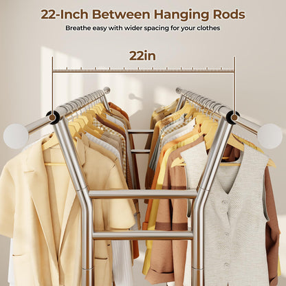 HYSEYY Heavy Duty Clothes Rack, Rolling Clothing Rack for Hanging Clothes with Shelves Load 700LBS,Portable Garment Wardrobe Closet Rack with Wheels for Bedroom,Laundry Room,Retail Store,Silver