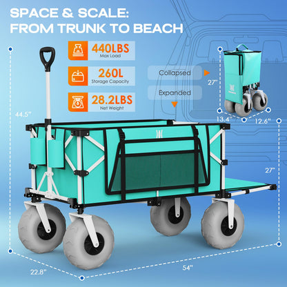 Navatiee 260L Beach Wagon with Extended Tailgate, 440lbs Heavy Duty Beach Cart with 9” Big Balloon Wheels for Sand, Collapsible Folding Wagon with Side Pocket for Outdoor, Light Blue