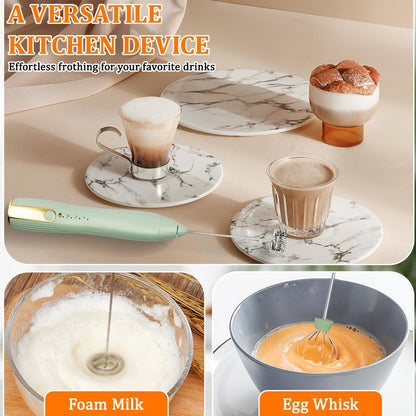 TonJin Frother Wand Rechargeable USB-C Milk Frother Handheld Mixer Electric with 2 Whisk Heads, 3 Speeds Adjustable Coffee Drink Mixer for Lattes, Matcha, Hot Chocolate, Egg, Matcha(Green)