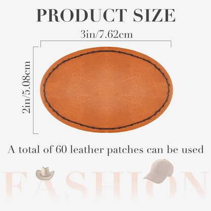 60 Pcs Blank Leatherette Hat Patches with Adhesive Oval Leatherette Rectangle Patch Faux Leather Patches for Hats Custom Fabric Repair Sew Laser Supplies, 3 x 2 Inches (Khaki)