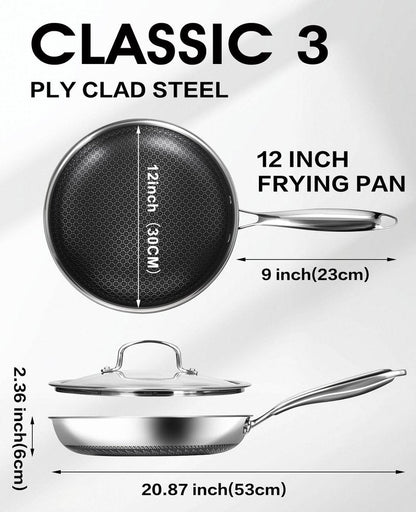 USELUCK Nonstick Frying Pans with Lid, 12-Inch Non Stick Skillet with Honeycomb Surface,Dishwasher-Friendly,Oven-Safe,Induction Compatible,PFAS-Free,Non-Toxic,Compatible with All Cooktops.