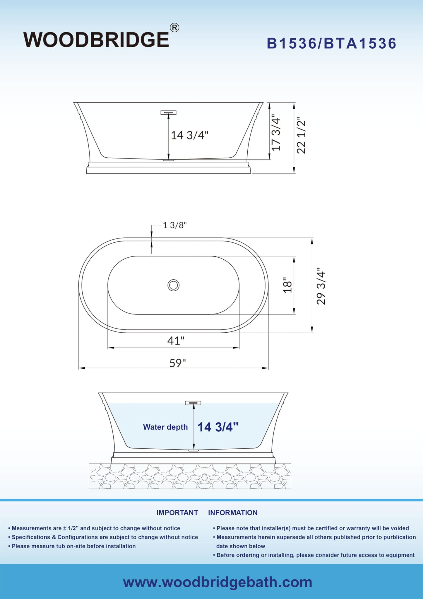 WOODBRIDGE 59"Freestanding White Acylic Soaking Bathtub with Oil Rubbed Bronze Drain and Overflow,B1536-ORB