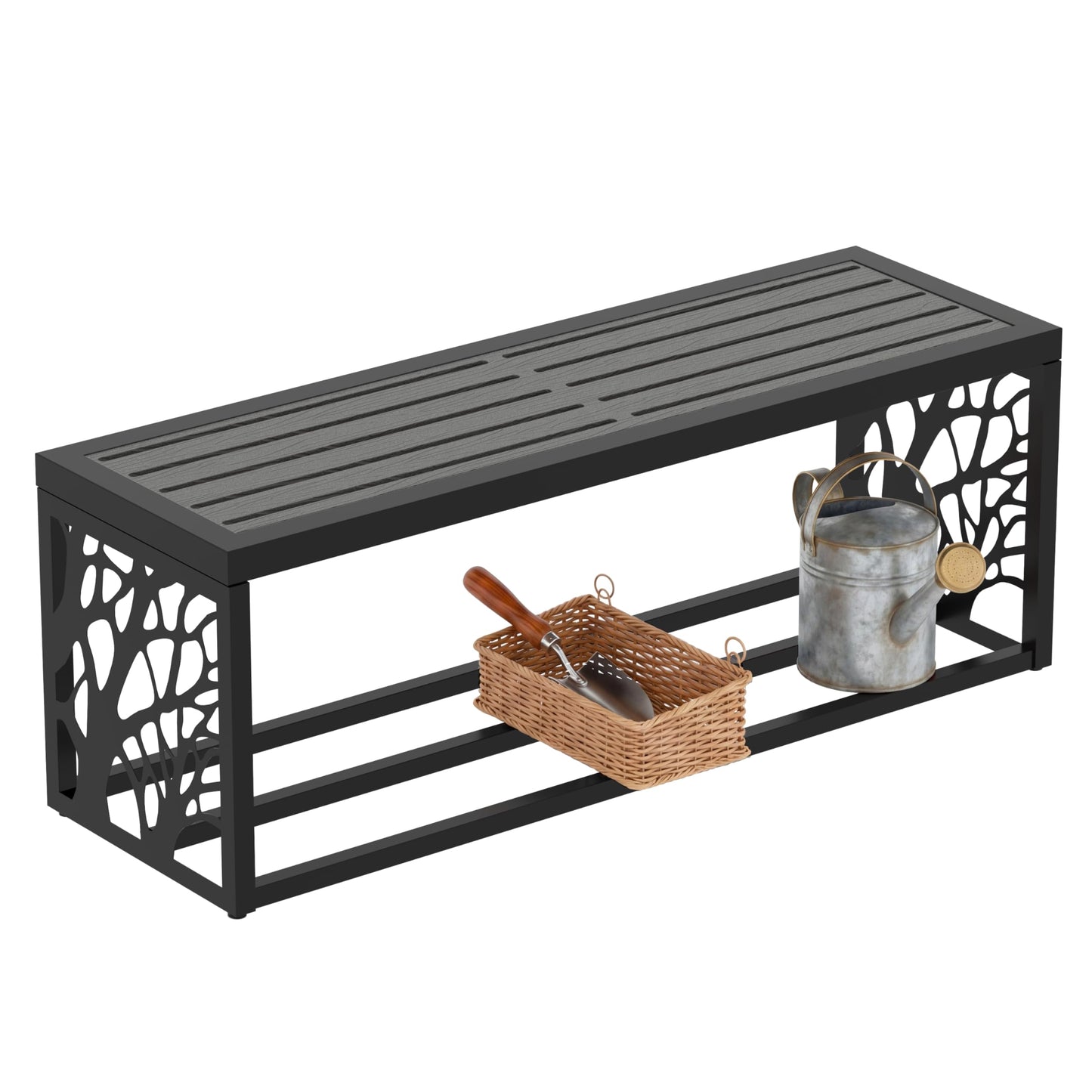 Orbotots 47" Outdoor Garden Bench with Storage Shelf, Modern Black Entryway Bench, Wood-Grain HDPE Seat, Galvanized Steel Frame with Powder Coating for Porch, Yard, Patio, Tree