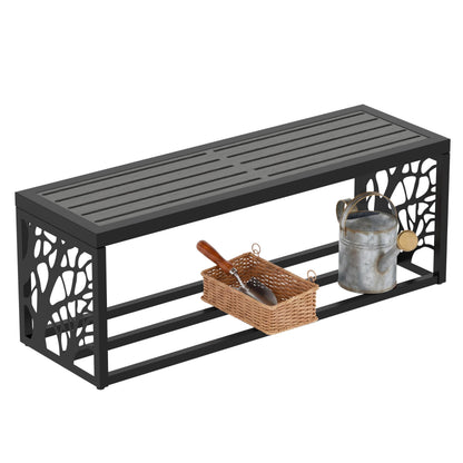 Orbotots 47" Outdoor Garden Bench with Storage Shelf, Modern Black Entryway Bench, Wood-Grain HDPE Seat, Galvanized Steel Frame with Powder Coating for Porch, Yard, Patio, Tree