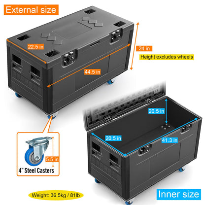 Diandian Utility Cable Trunk Road Case with Wheels, 44" x 22" x 24" Professional Stackable Heavy Duty ATA Rolling Road Case, for Pro Audio & DJ Equipment Storage, Transport for Touring with Casters