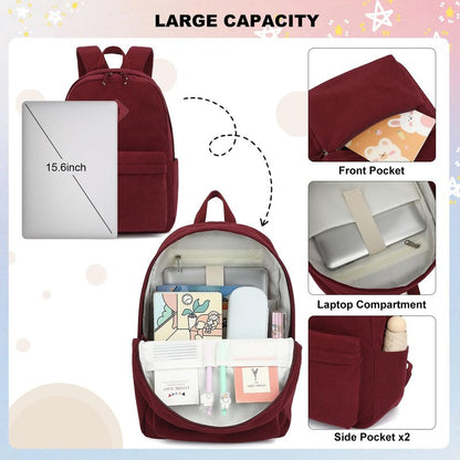 Esfoxes Corduroy Backpack for Girls, Kids Teens Elementary Middle High School Bags Women College Bookbags Travel Daypacks (Wine)