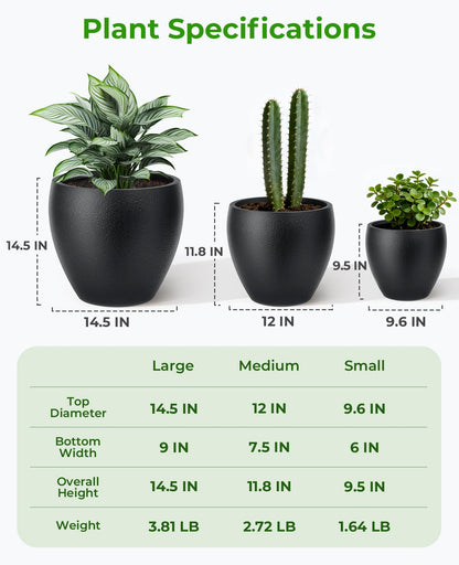 homenote Flower Pots 14.5/12/9.6 Inch,Large Plant Pots Indoor with Drainage,Plastic Pots for Plants,Garden Pots for Outdoor,Large Planters for Indoor Plants,Big Plastic Planter,Off-Black(3 Pcs)