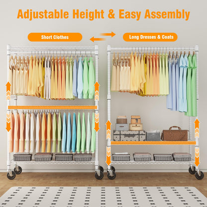 Himimi Double Rods Clothes Rack Heavy Duty,Adjustable Metal Garment Rack with Wheels,Portable Clothing Rack for Hanging Clothes, Closet Rack for Bedroom Laundry Room, 45" W×20.5" D×80.5" H, White